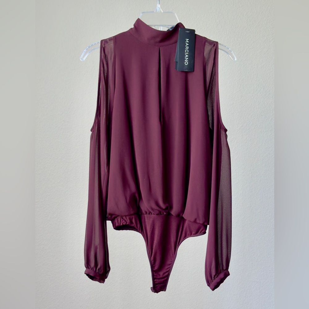 Marciano Burgundy Cut Out Bodysuit with Mandarin Collar, New, size S